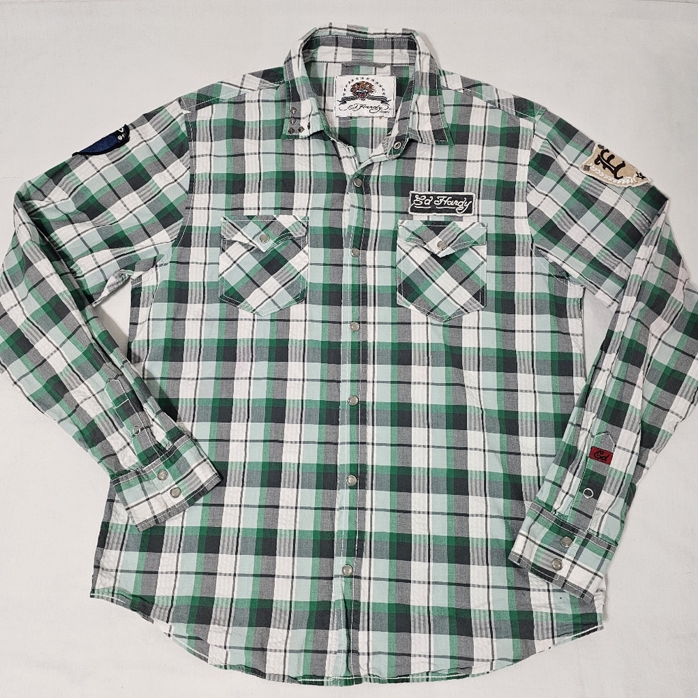 Ed Hardy Men’s Green Pearl Snap Plaid Western Shirt L Studded 76